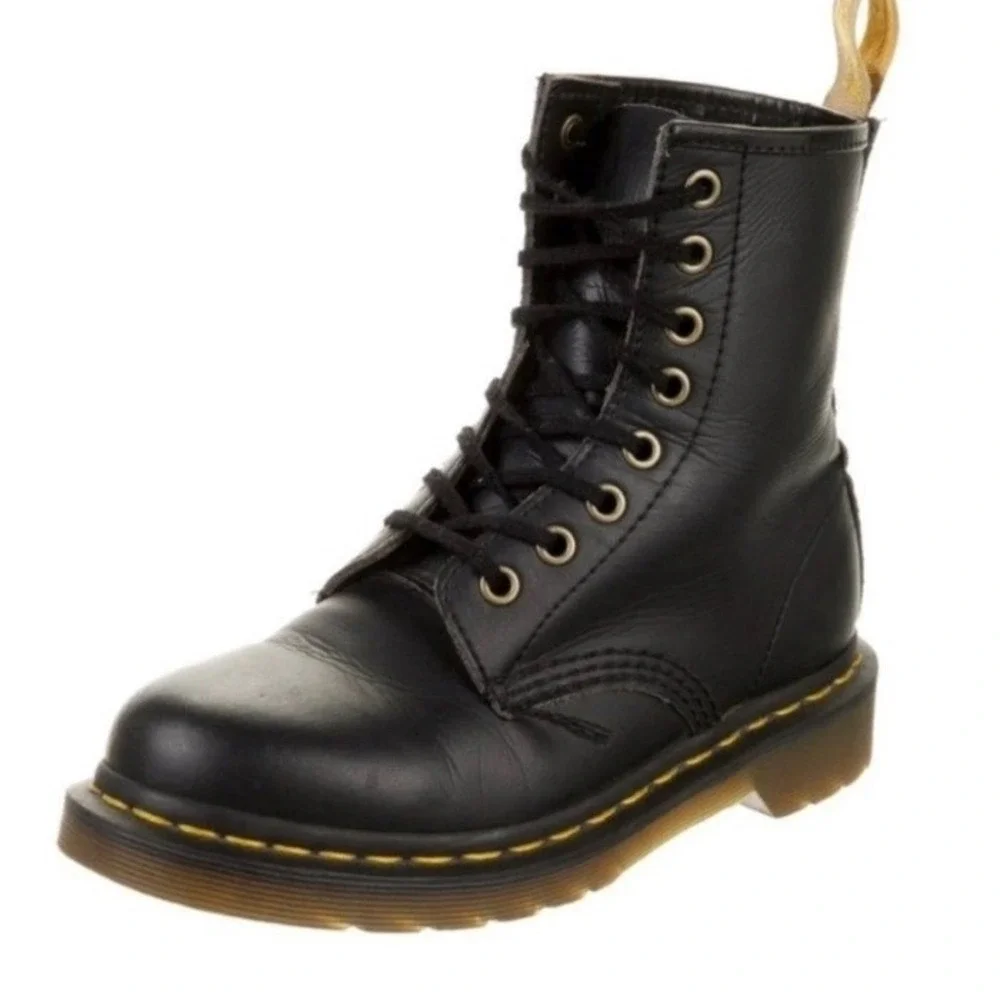 Dr Martens 1460 Leather Combat Boots Black Vegan Yellow Welt‎ Stitch Size 4Y